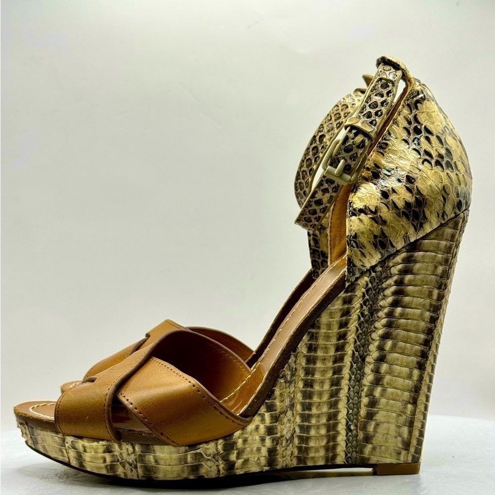 Tory Burch Livia‎ Snakeskin Wedge Sandals Size 8 – Tan Leather Espadrilles